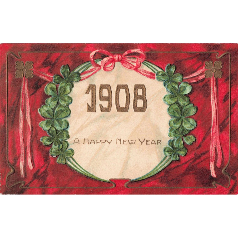New Year Postcard 1908 PFB Four Leaf Clover Wreath Embossed Germany Divided Back - Picture 1 of 2